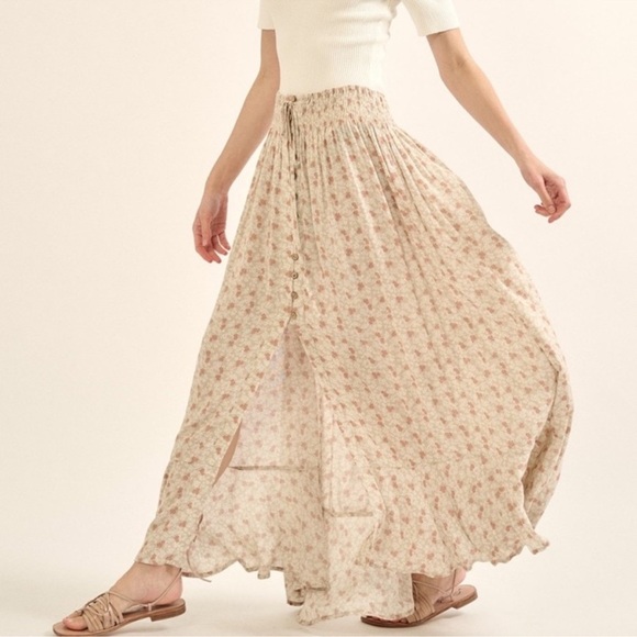 Promesa Sand Floral Smocked Waist Button High Low Maxi Skirt - Picture 4 of 12